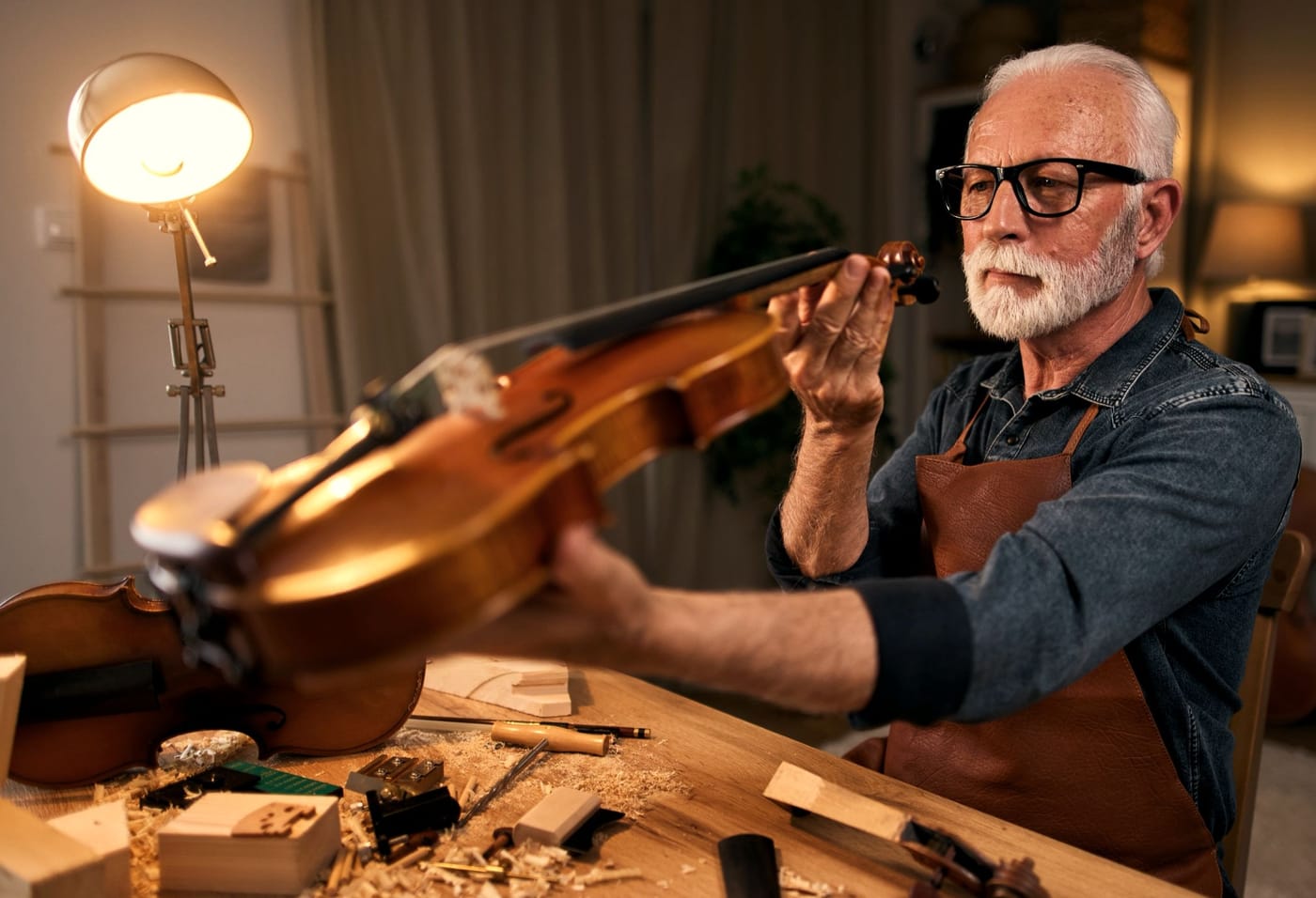 Geigenbauer an der Werkbank, der eine Violine prüfend hochhält, davor Hobelspäne und Werkzeug.