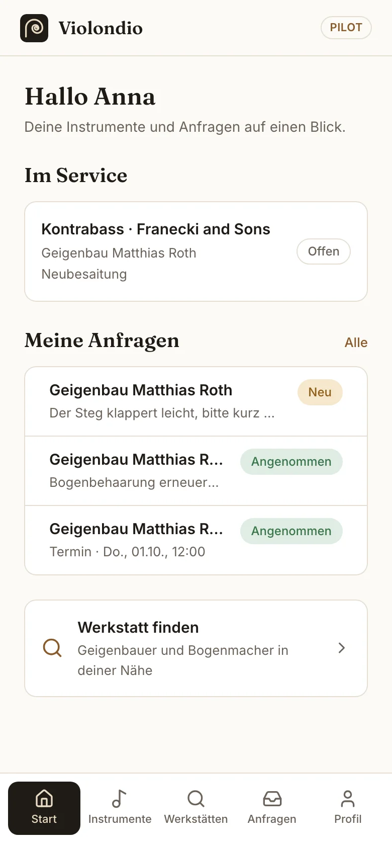 Startseite für Musiker mit Instrumenten im Service und eigenen Anfragen.