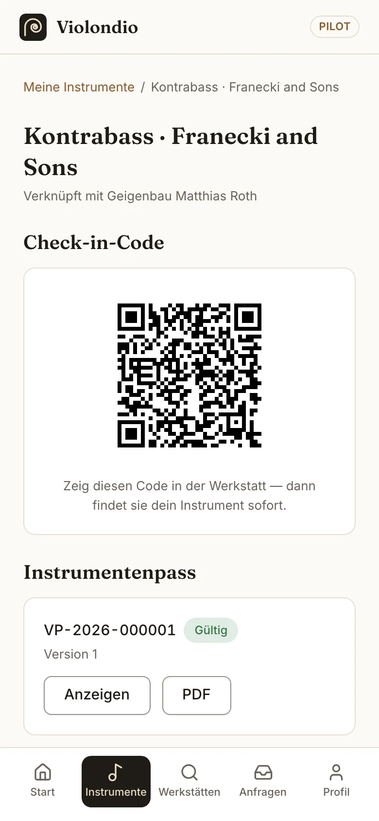 Instrumentenseite mit Check-in-Code und Instrumentenpass.