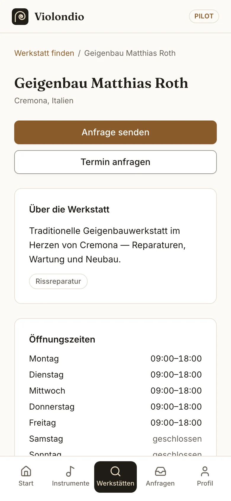 Werkstattprofil mit Buttons für Anfrage und Terminanfrage.