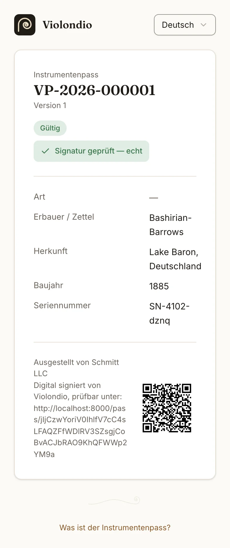 Öffentliche Prüfseite eines Instrumentenpasses auf dem Handy, gültig und mit geprüfter Signatur.