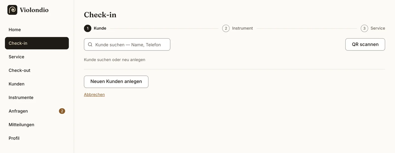 Check-in mit den drei Schritten Kunde, Instrument und Service.
