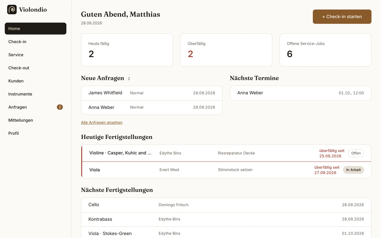 Startseite von Violondio: heute fällige und überfällige Aufträge, neue Anfragen von Musikern und nächste Fertigstellungen.