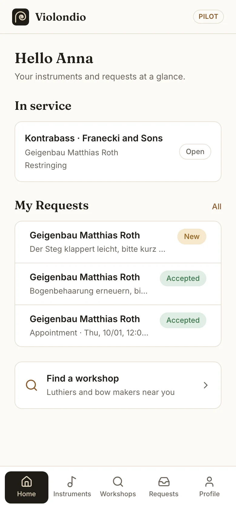 Musician home screen with instruments in service and own requests.