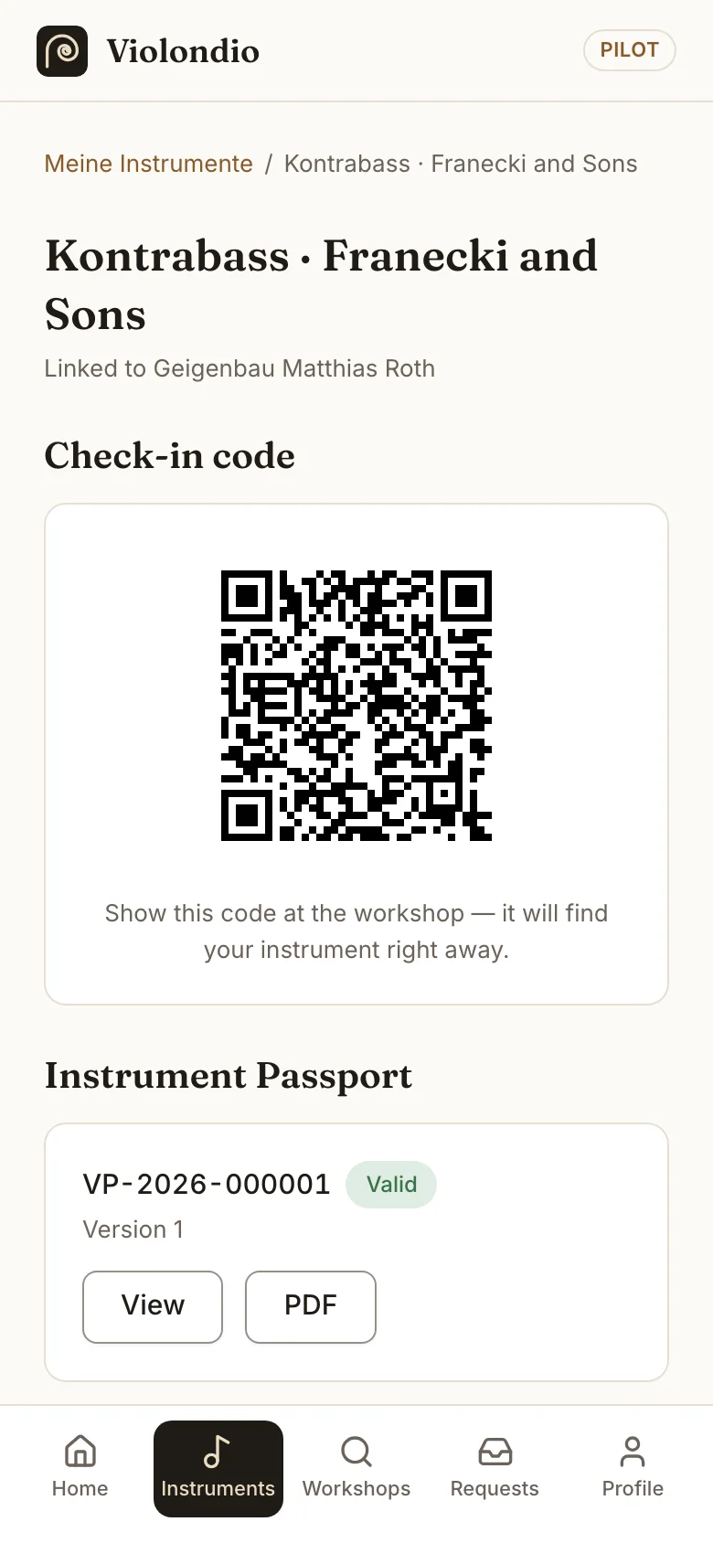 Instrument page with check-in code and instrument passport.
