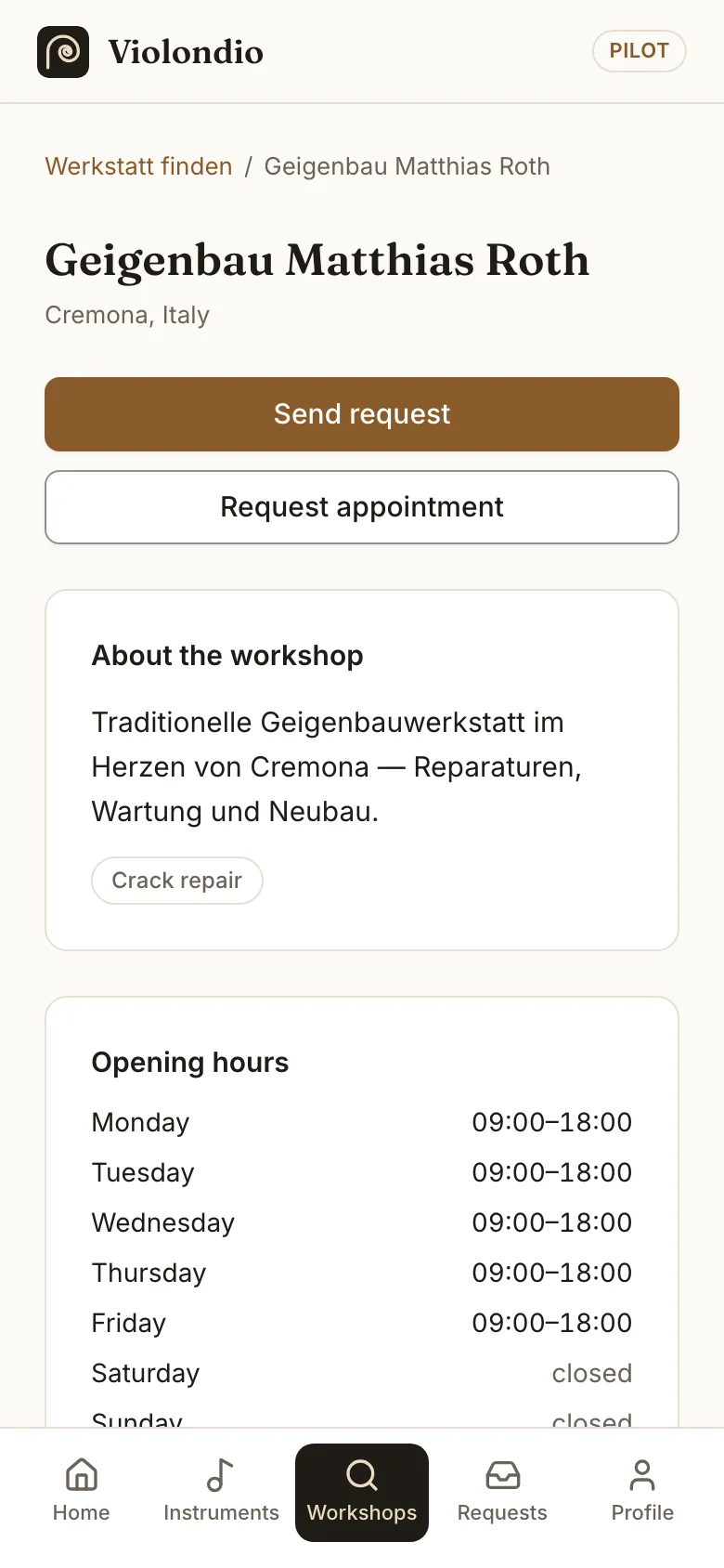Workshop profile with buttons to send a request or an appointment request.
