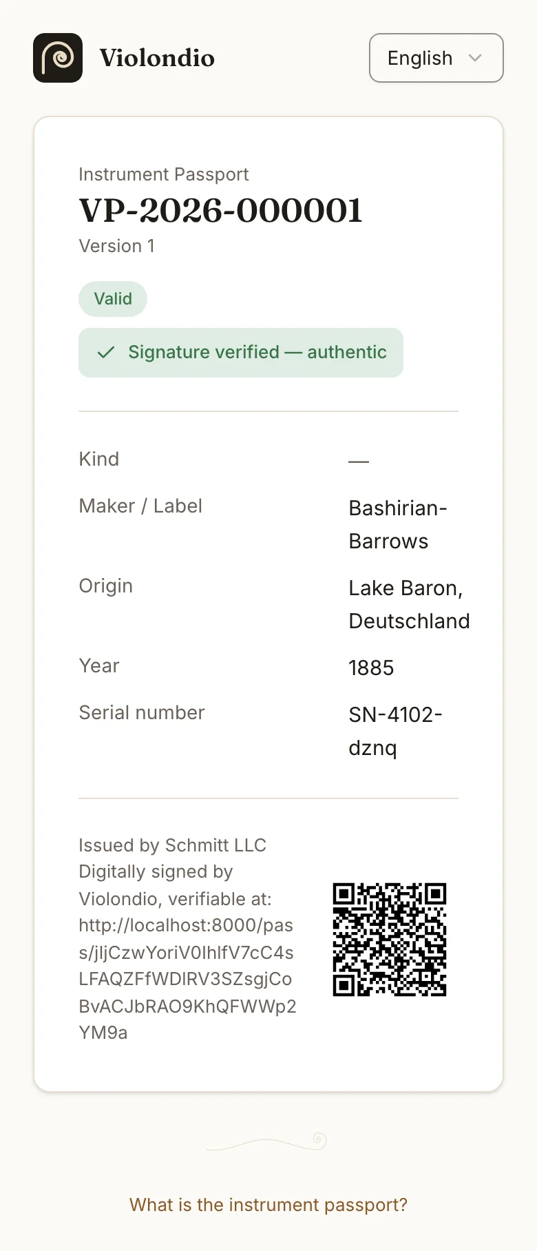 Public verification page of an instrument passport on a phone, marked valid with a verified signature.