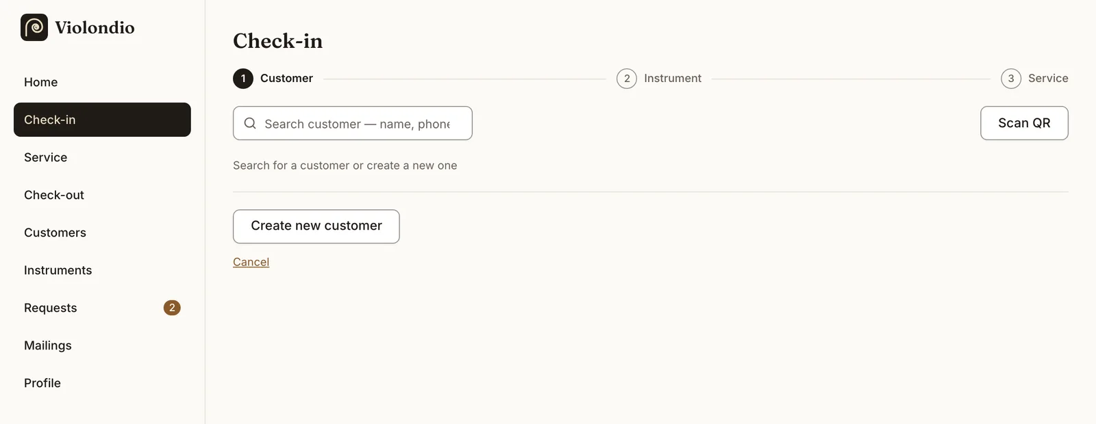 Check-in screen with the three steps customer, instrument and service.
