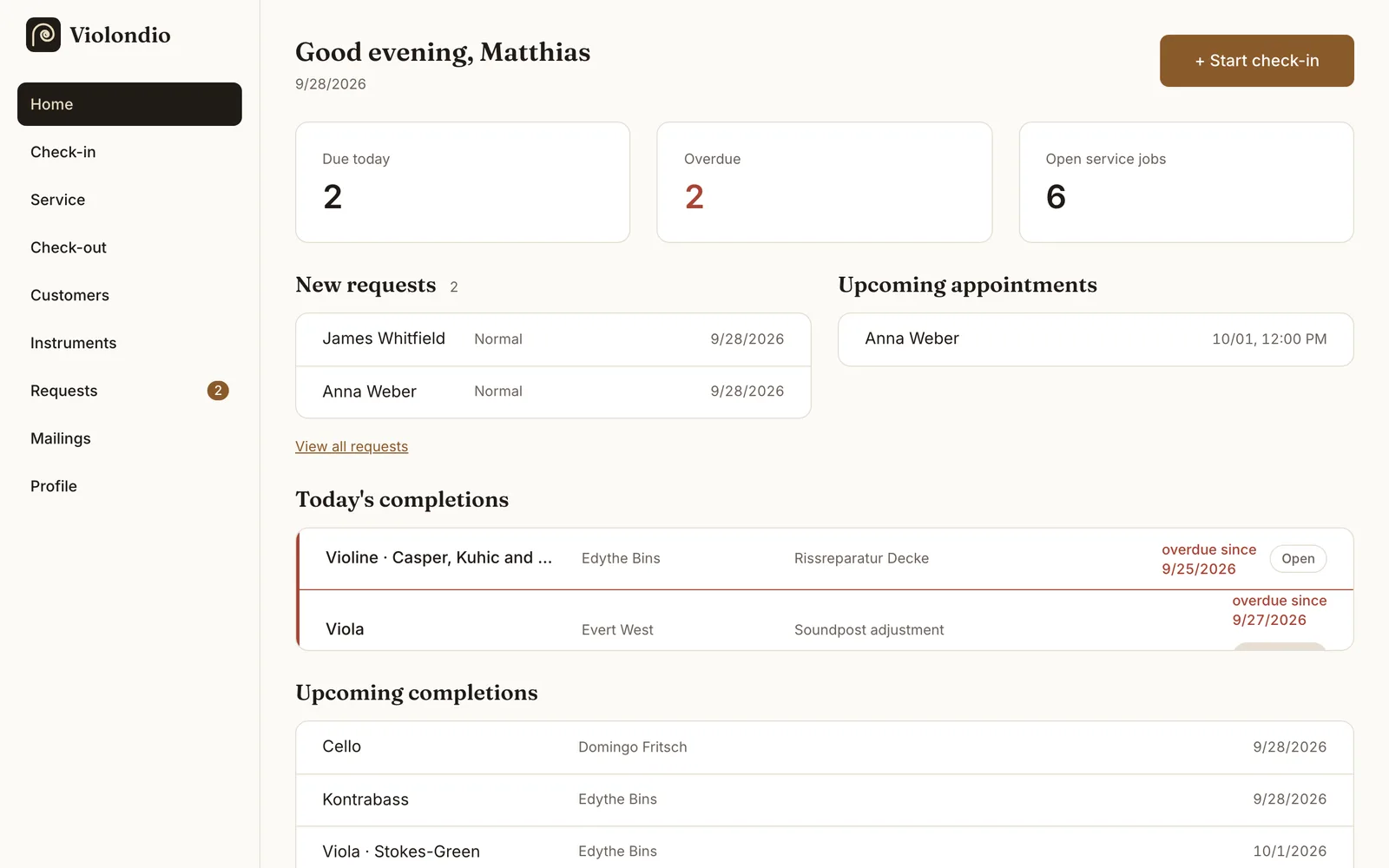 Violondio home screen: jobs due today, overdue jobs, new requests from musicians and upcoming completions.