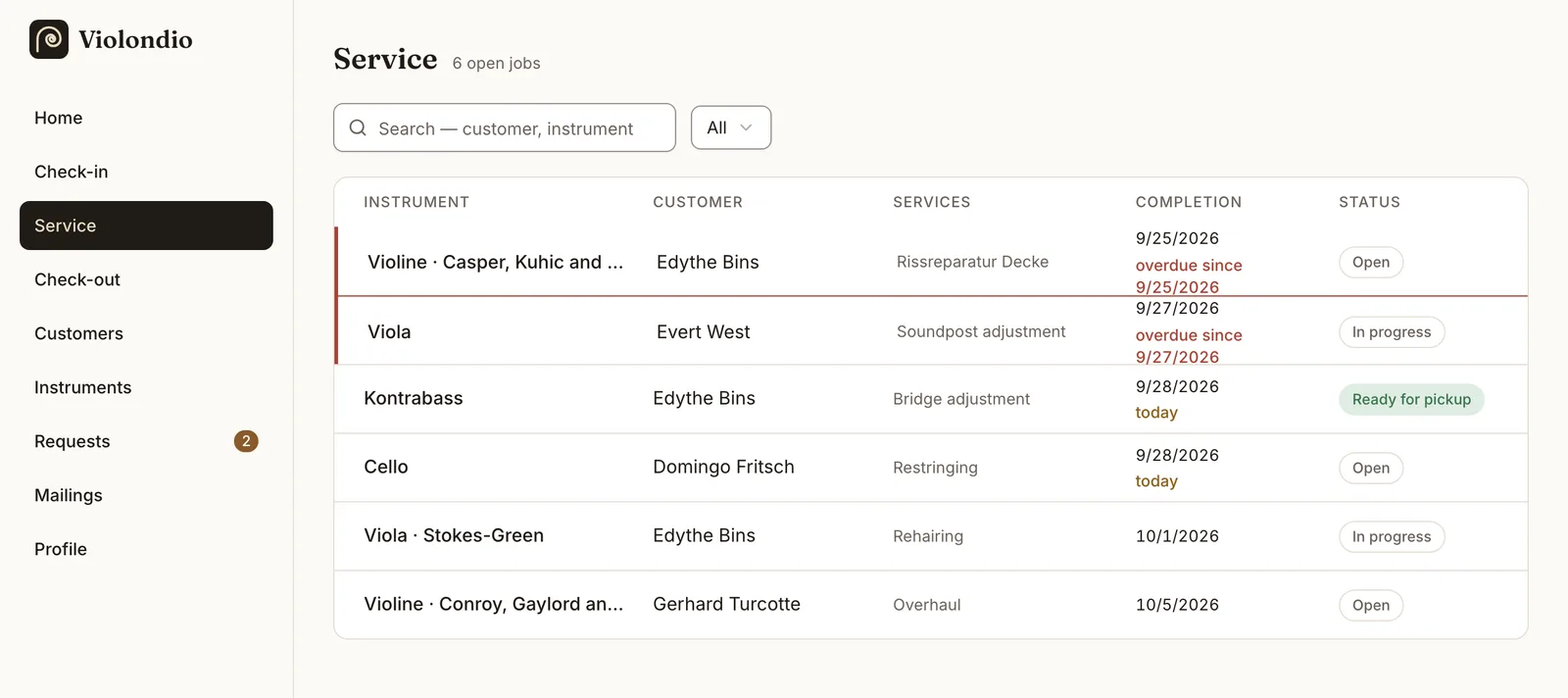 Service overview listing open jobs with completion dates and status.