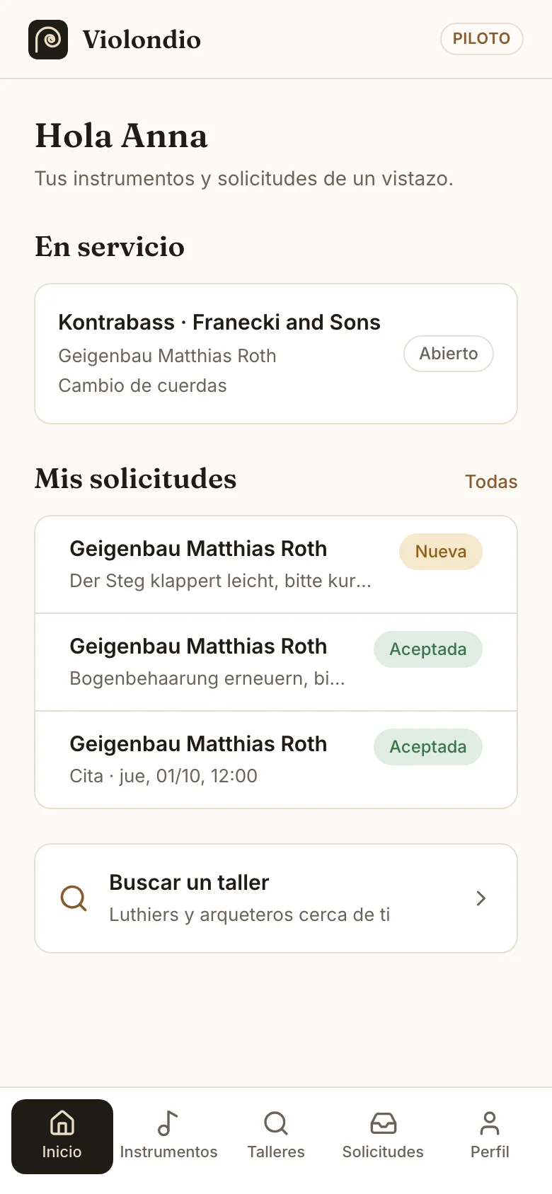 Pantalla de inicio para músicos con instrumentos en el taller y solicitudes propias.