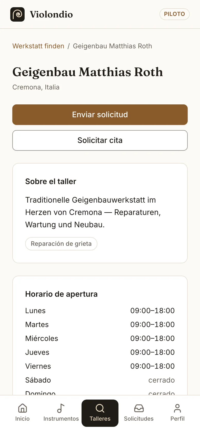 Perfil del taller con botones de solicitud y de cita.