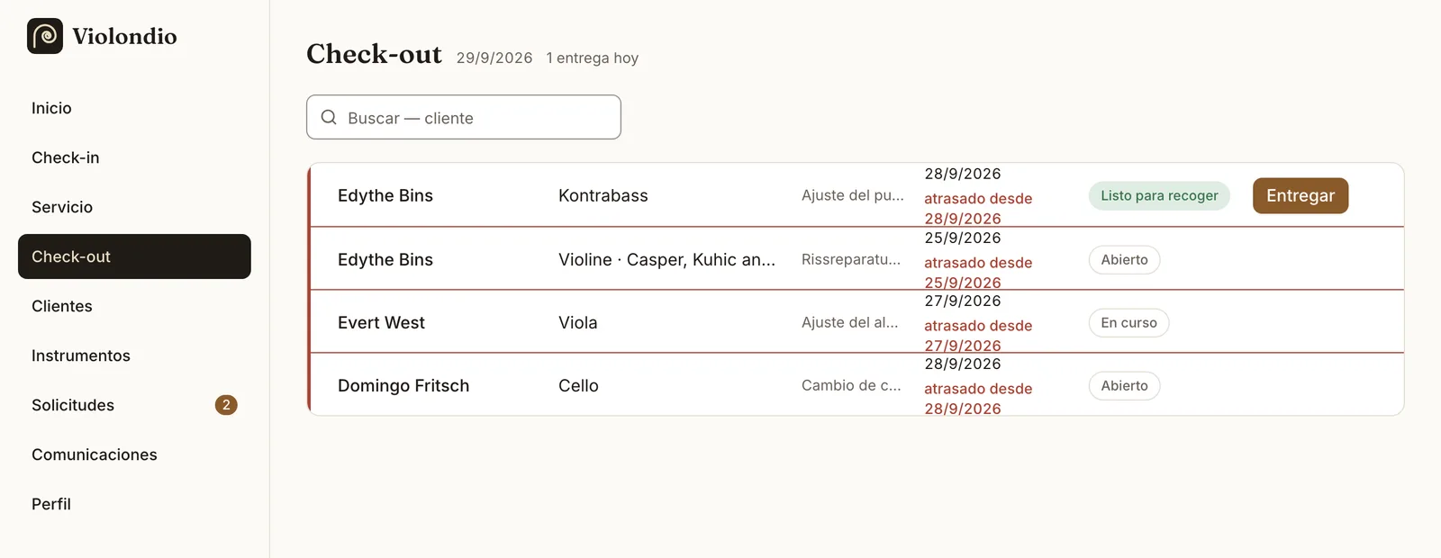 Pantalla de entrega con los instrumentos listos para devolver.