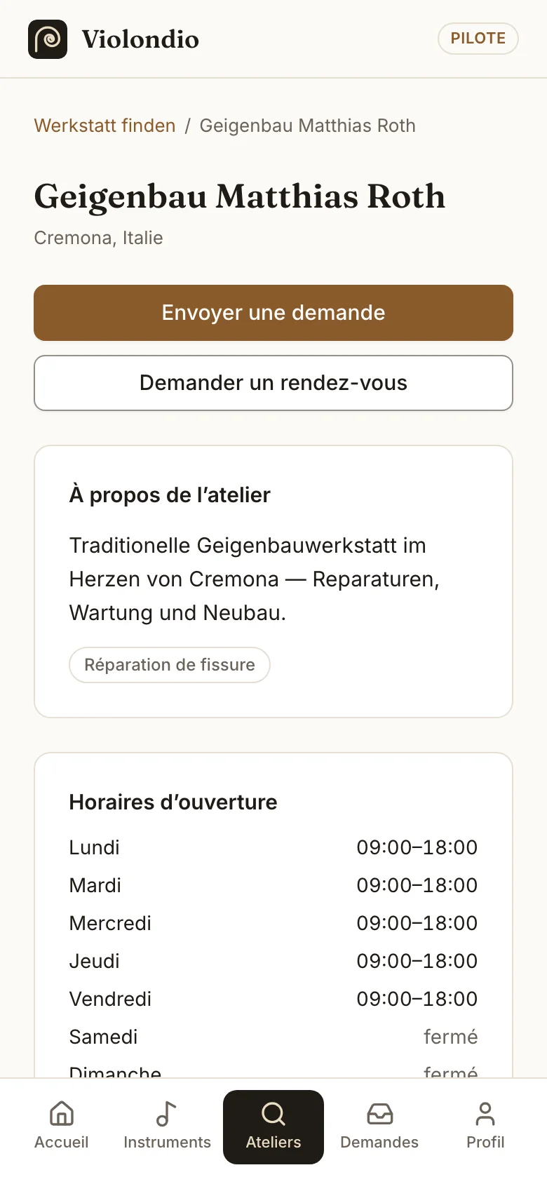 Profil d’atelier avec boutons de demande et de rendez-vous.