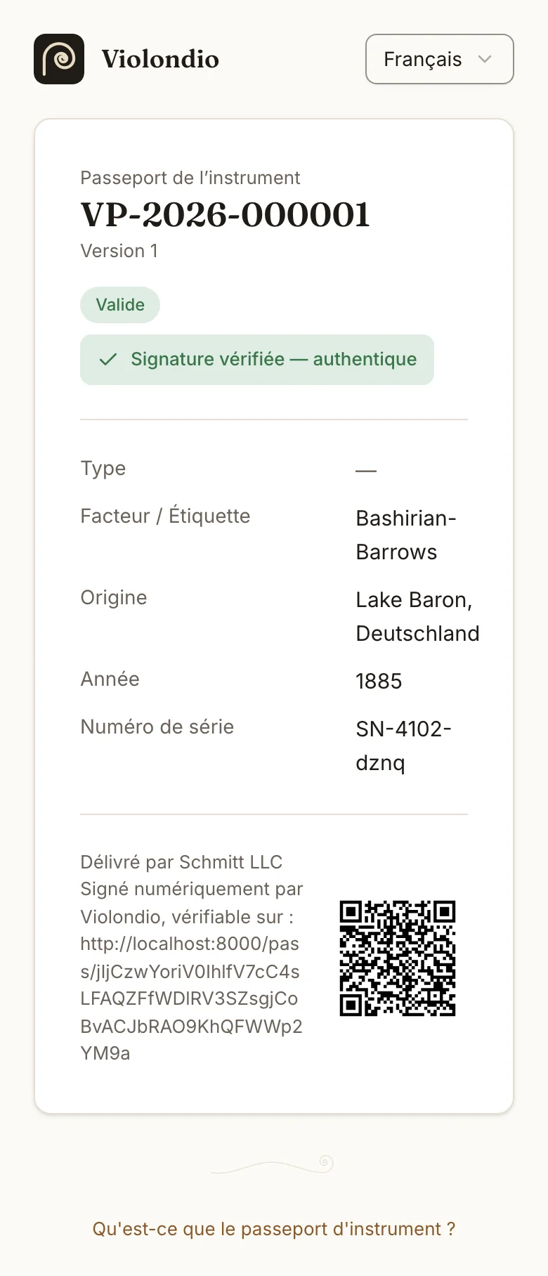 Page de vérification publique d’un passeport d’instrument sur un téléphone, valide avec signature vérifiée.
