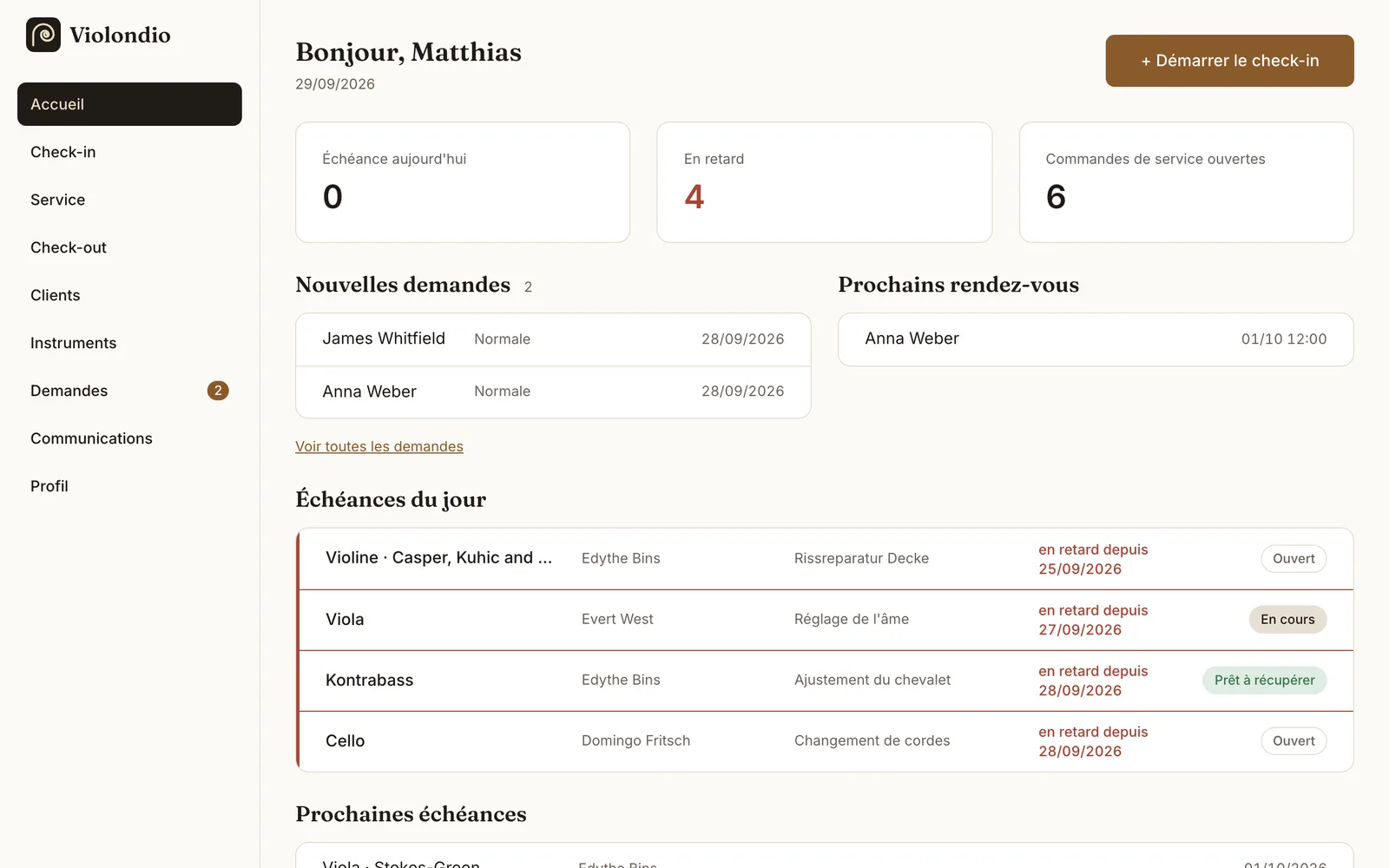Écran d’accueil de Violondio : travaux prévus aujourd’hui, travaux en retard, nouvelles demandes de musiciens et prochaines livraisons.