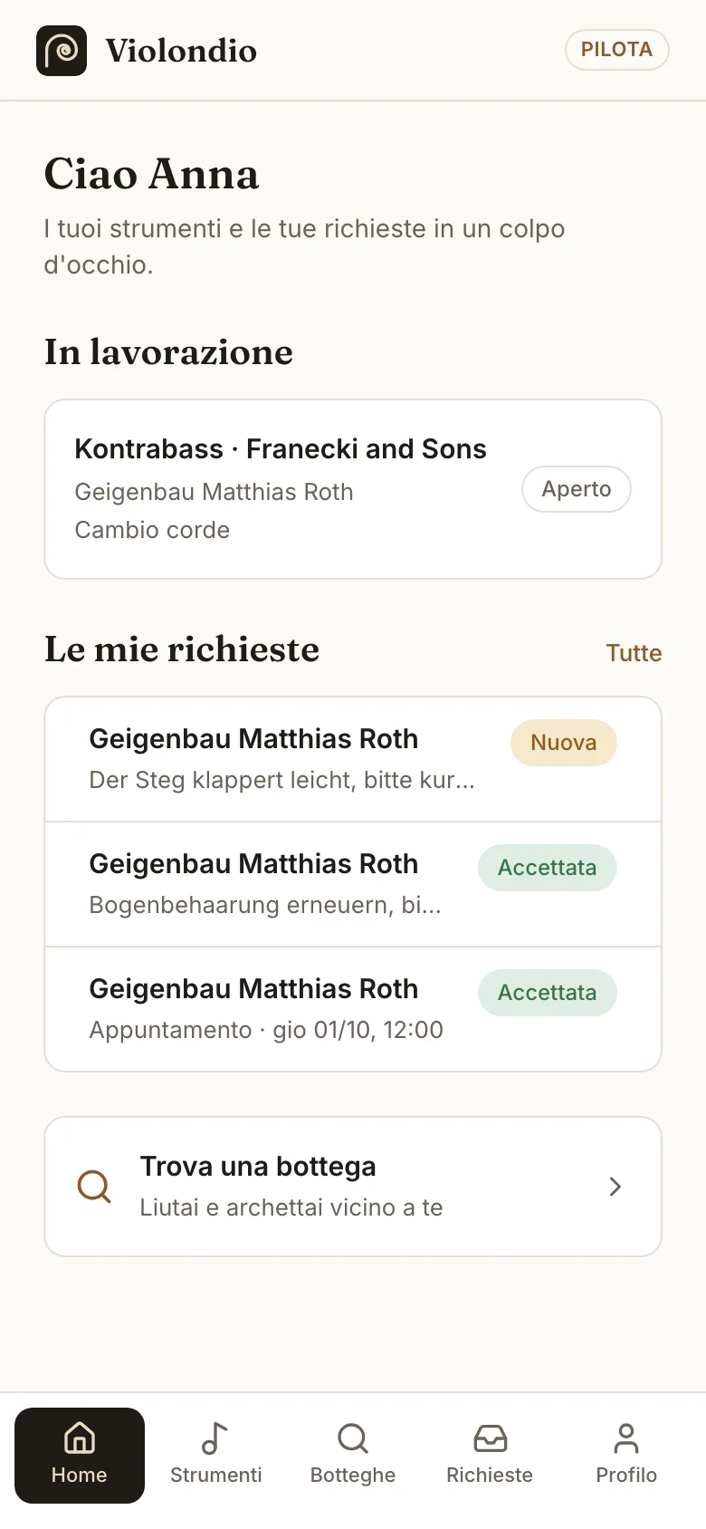 Schermata iniziale per musicisti con strumenti in lavorazione e le proprie richieste.
