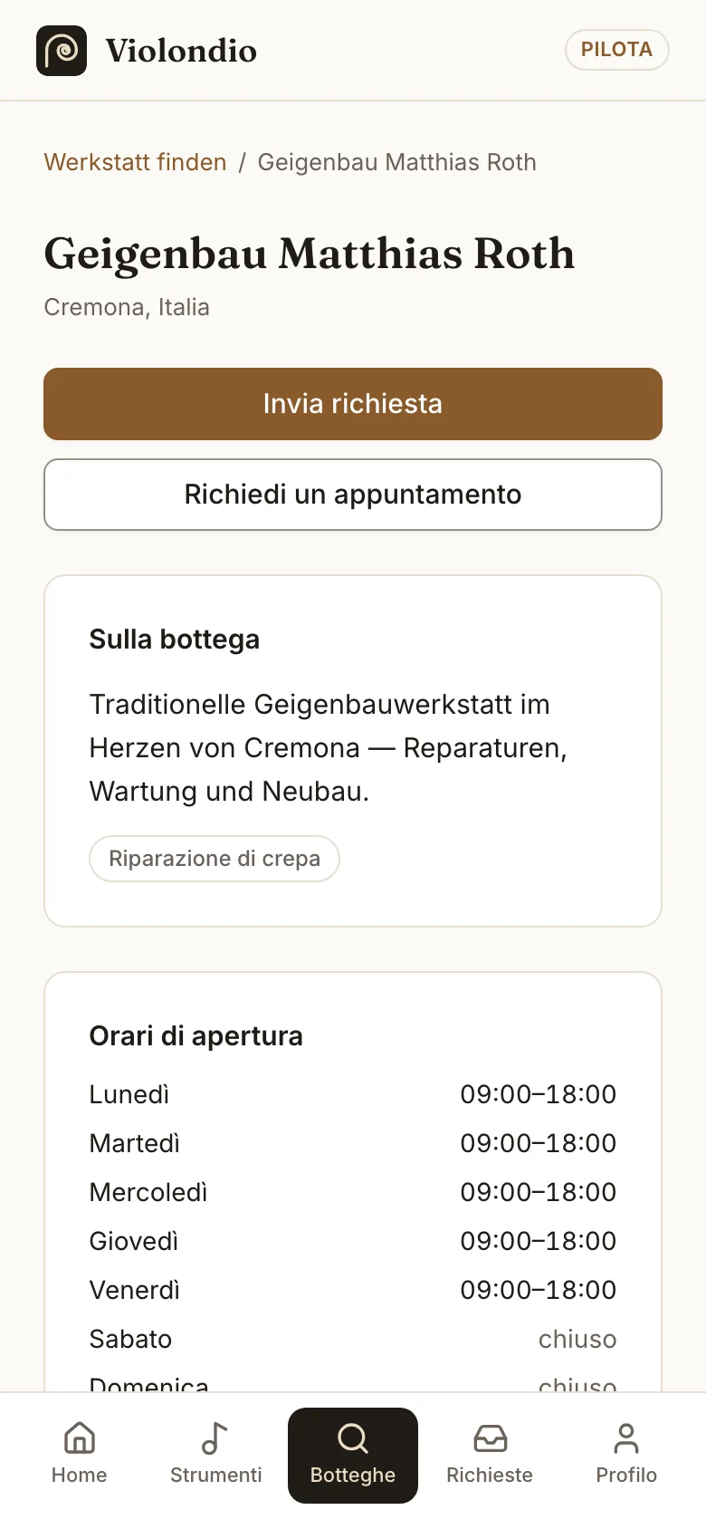 Profilo della bottega con i pulsanti per richiesta e appuntamento.