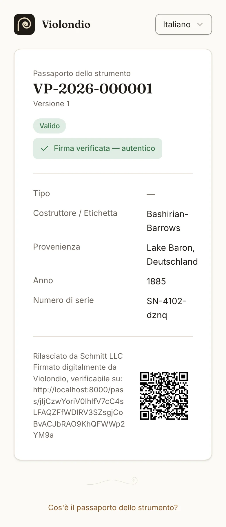 Pagina di verifica pubblica di un passaporto dello strumento sul telefono, valido e con firma verificata.